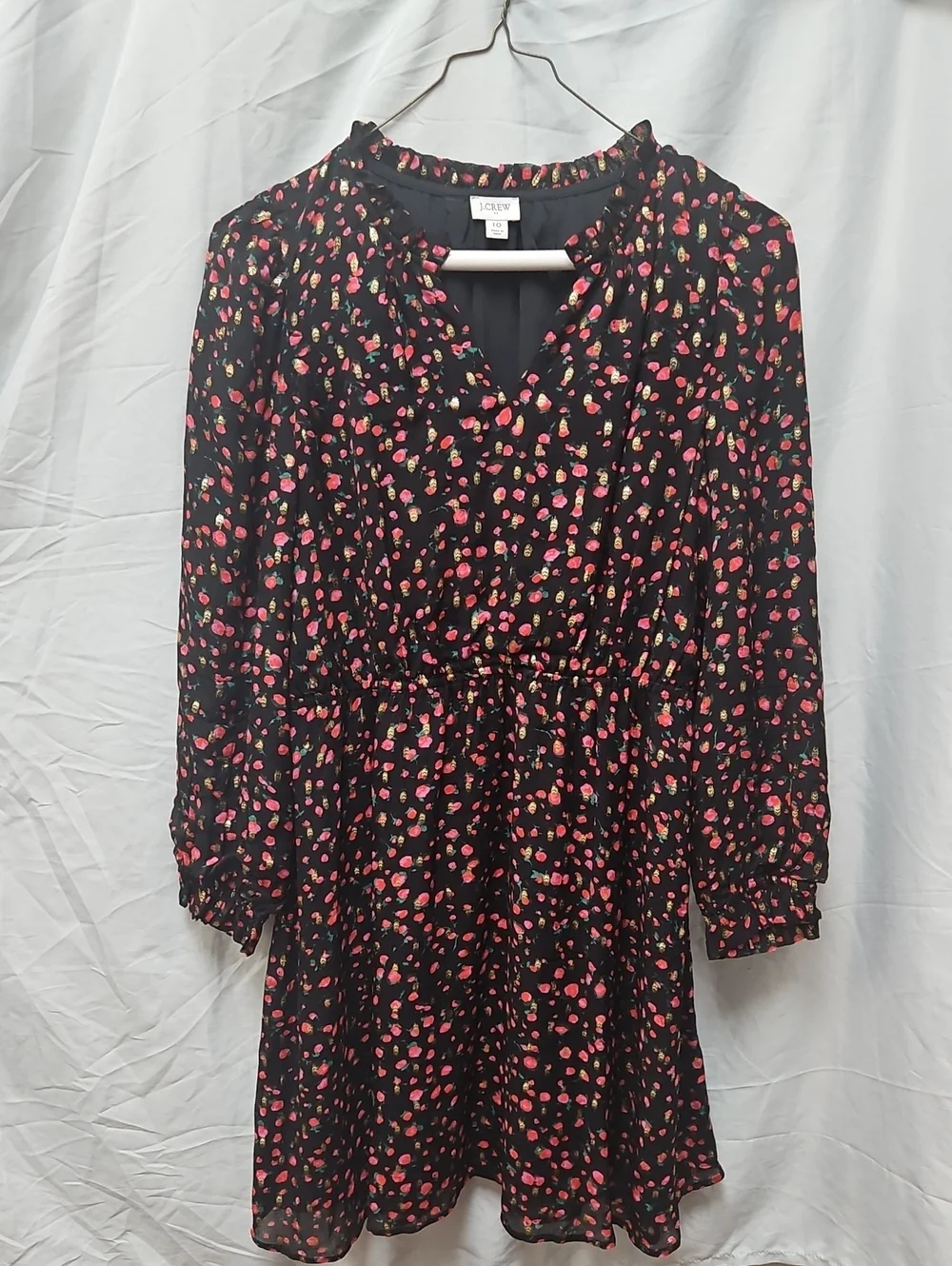 J. Crew Black Floral V-Neck Long-Sleeve Dress